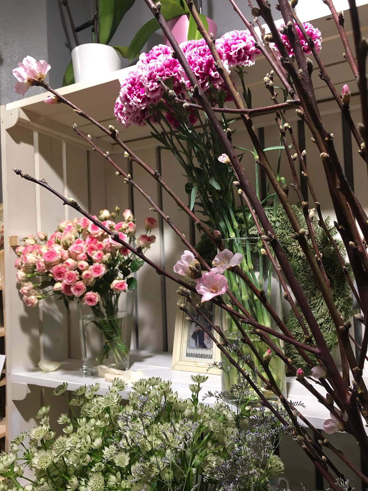 Branches de printemps en fleur et roses en vase devant la vitrine