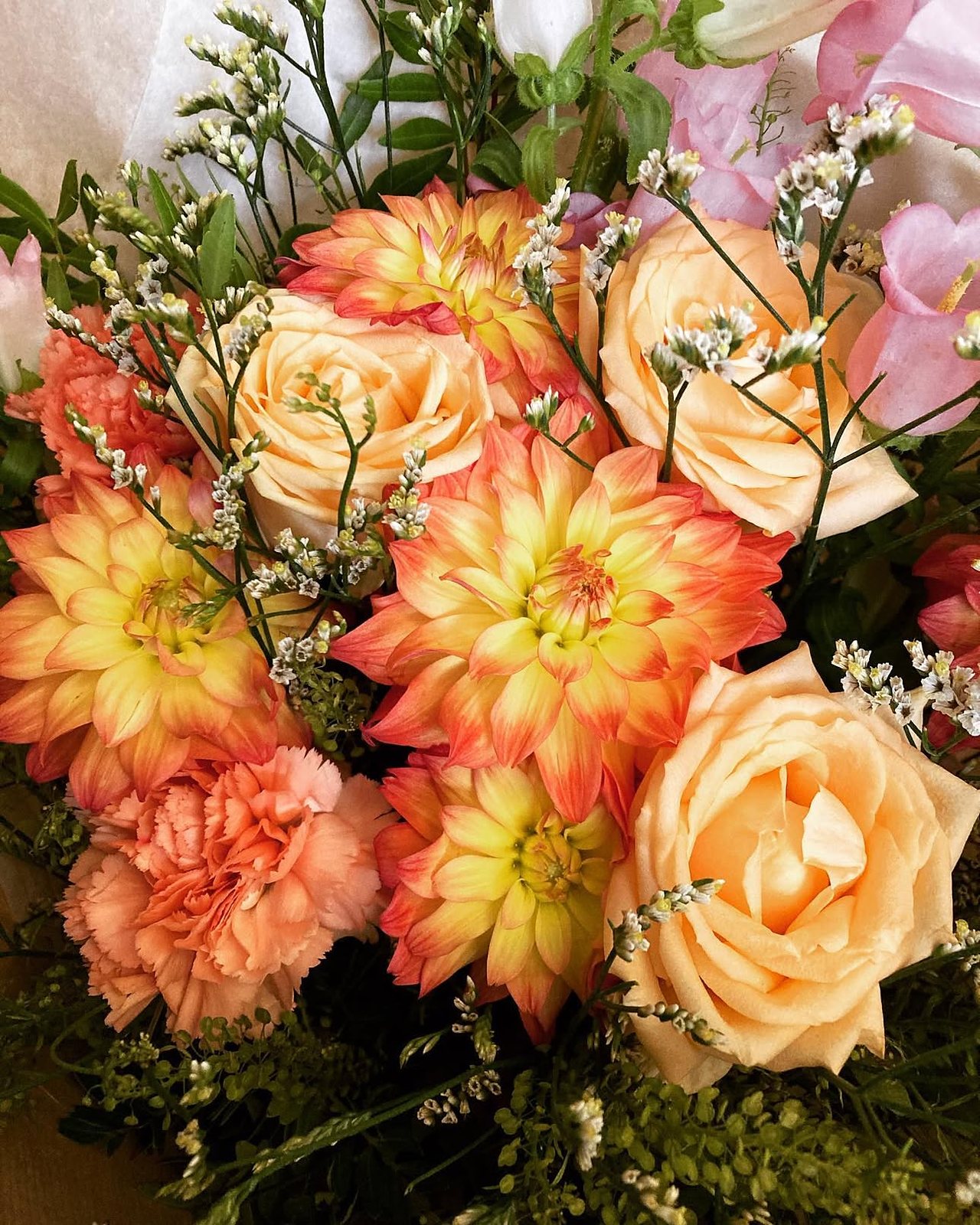 Dahlias orangés et roses abricot dans une composition d’automne