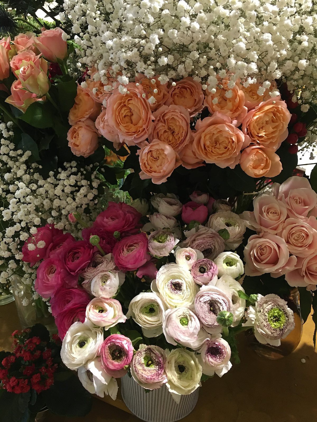 Renoncules pêche et roses, serrées en vase